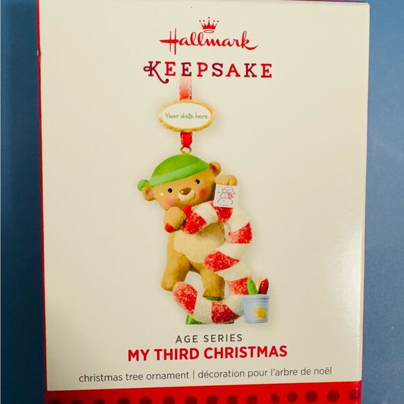 Hallmark - My 3rd Christmas ornament Teddy bear number 3 with Candy Cane 2013 - Picture 1 of 3